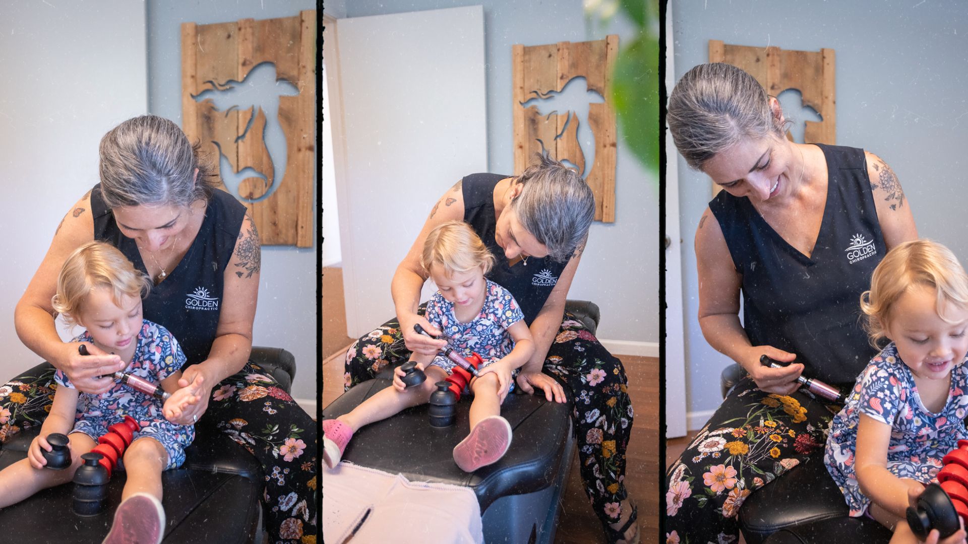 Dr. Goldi making a toddler feel comfortable with the activator tool before she uses it on the toddler's back at Golden Chiropractic in Aptos