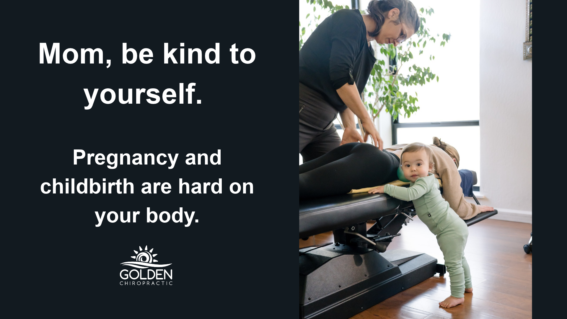 Dr. Goldi adjusts a postpartum mom's lower back while the mother's infant plays nearby 
