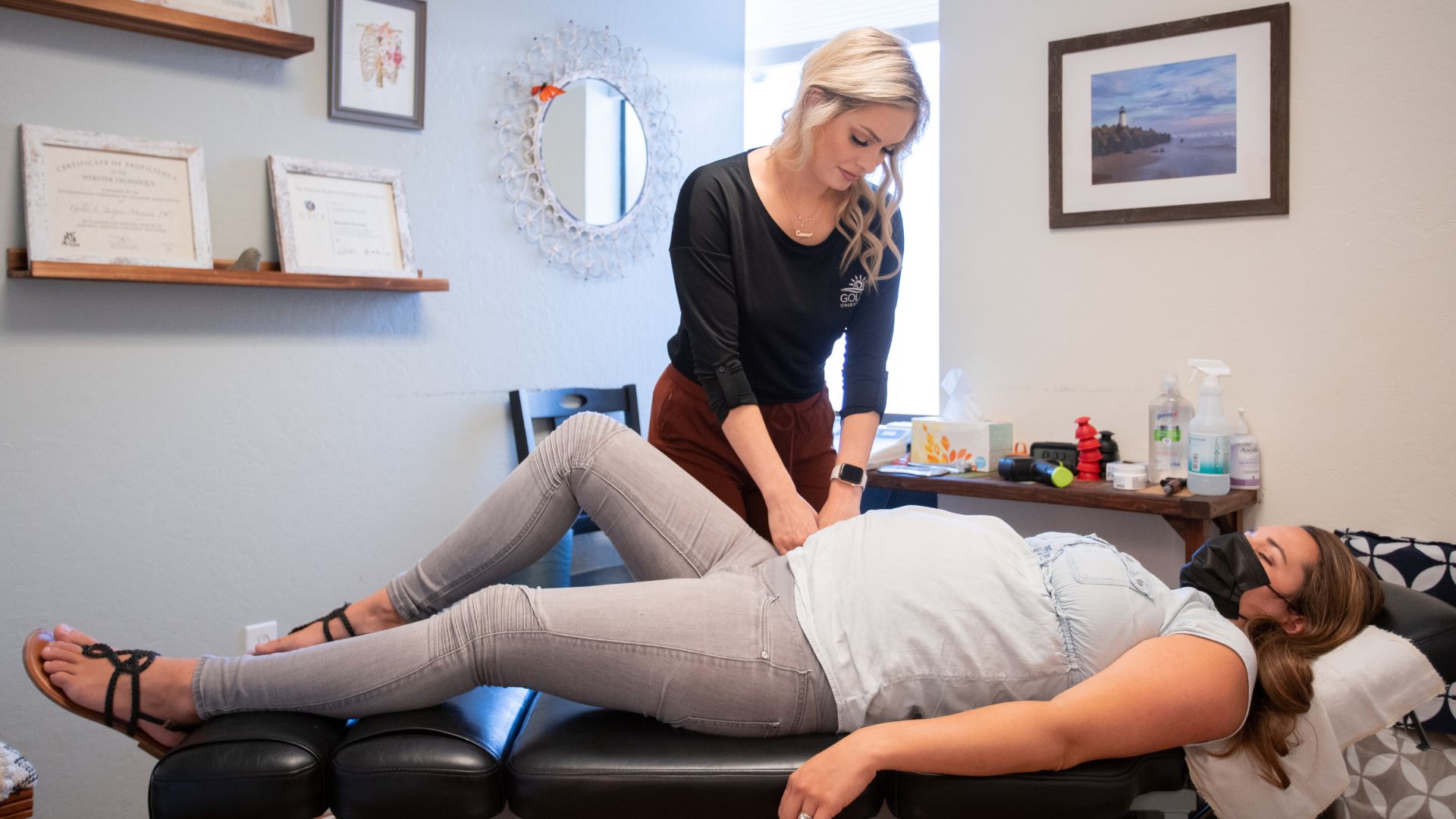 Dr Michaela performs an adjustment on a pregnant patient