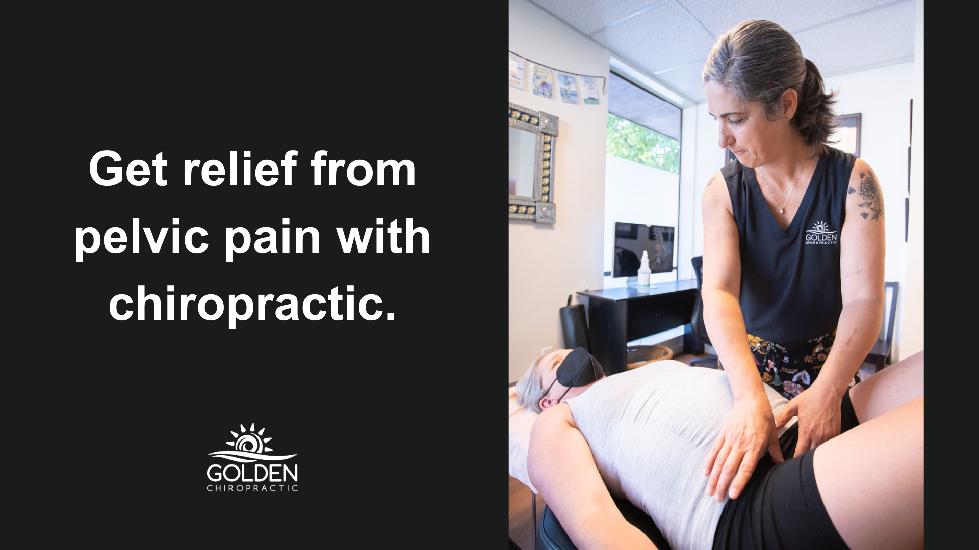 Chiropractor Dr. Goldi Jacques-Maynes performing a gentle pelvic adjustment on a female patient at Golden Chiropractic in Aptos