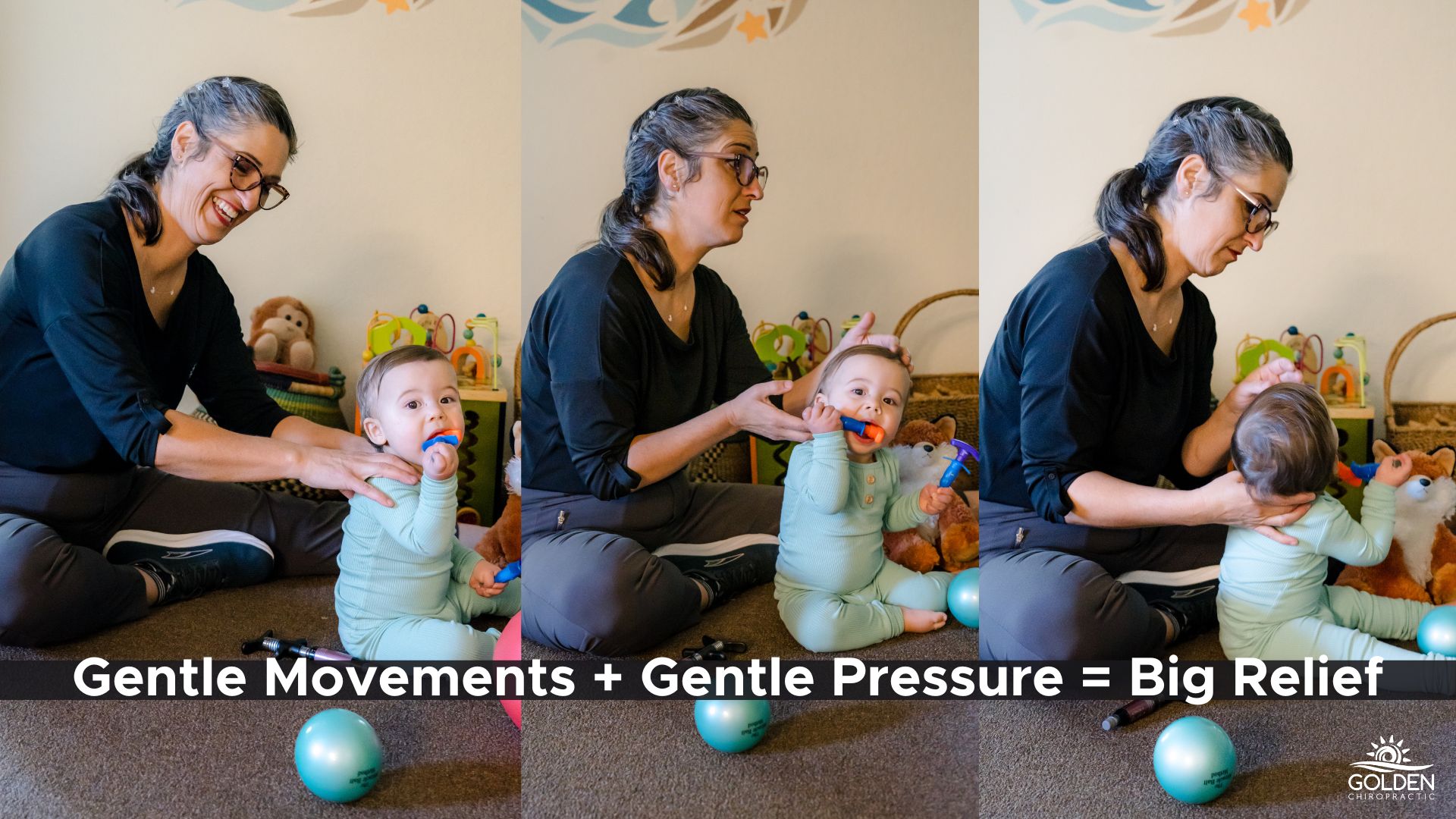 Dr. Goldi gently moving a baby's head during an infant exam for plagiocephaly at Golden Chiropractic in Aptos