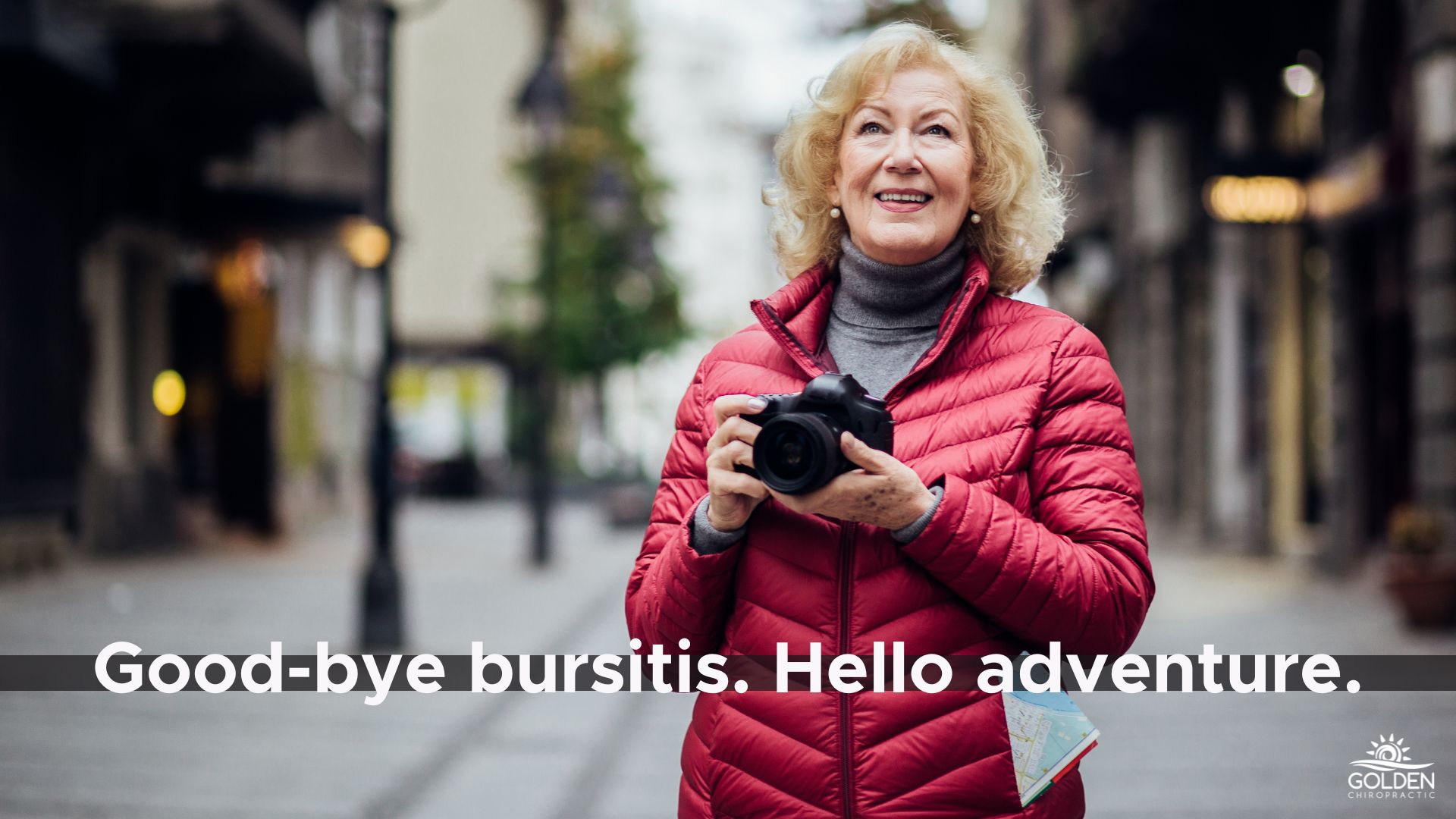 Older woman on a foreign street holding a camera