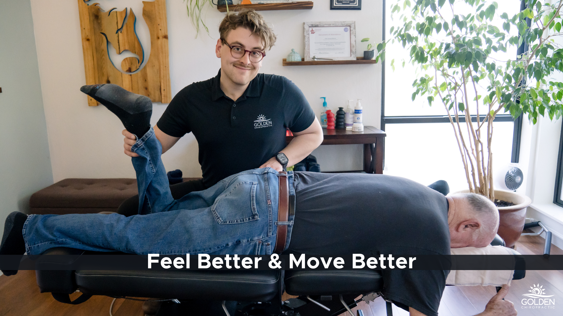 Dr. Joe of Golden Chiropractic in Aptos working on the soft tissues of a senior's lower body to help with balance and pain