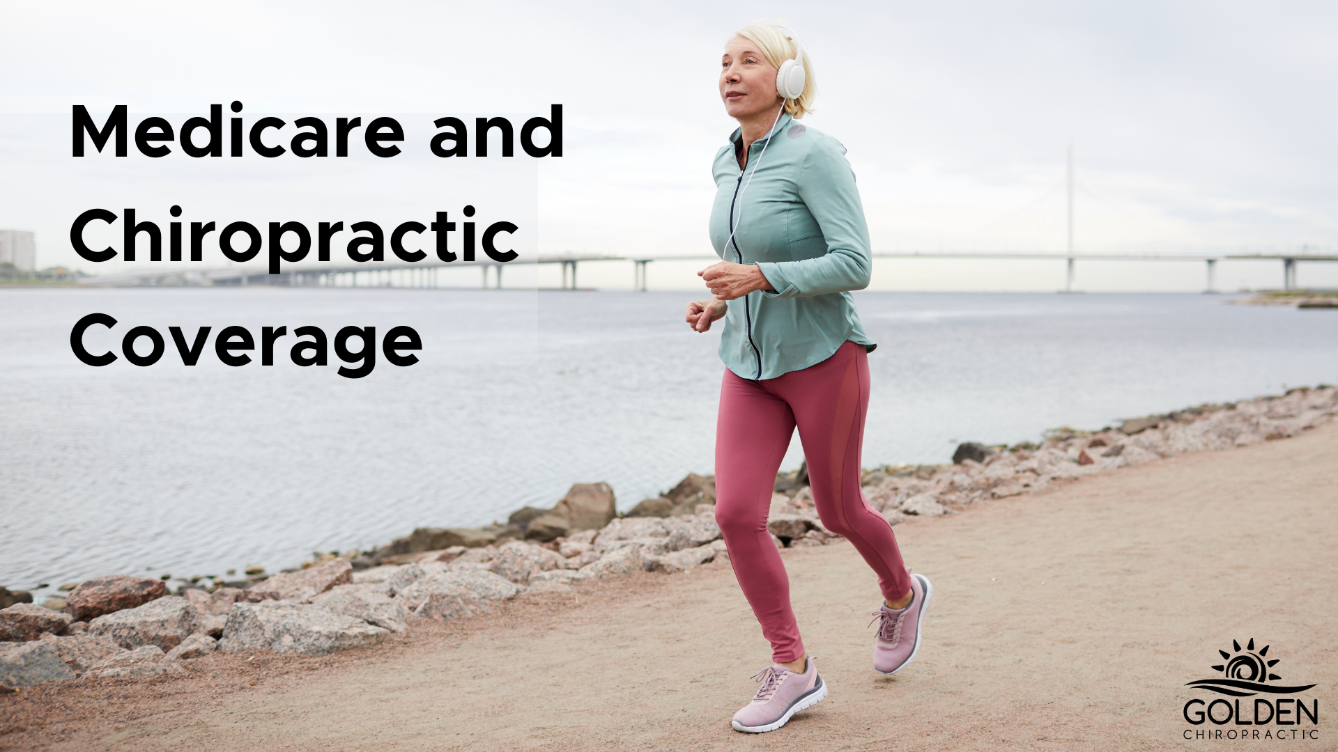 Senior woman running on a trail next to a body of water