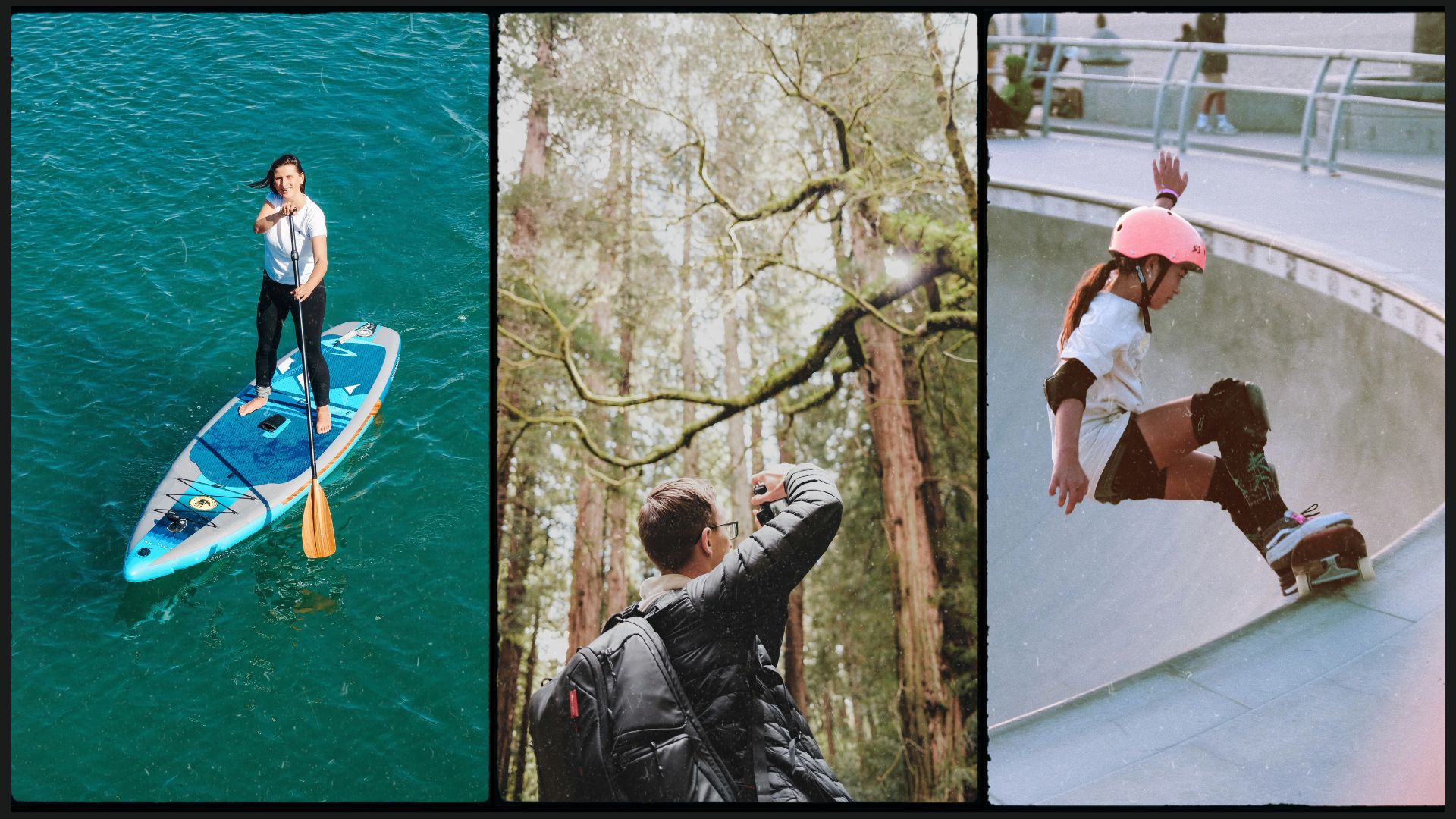 stand up paddle boarder, hiker, and skate boarder